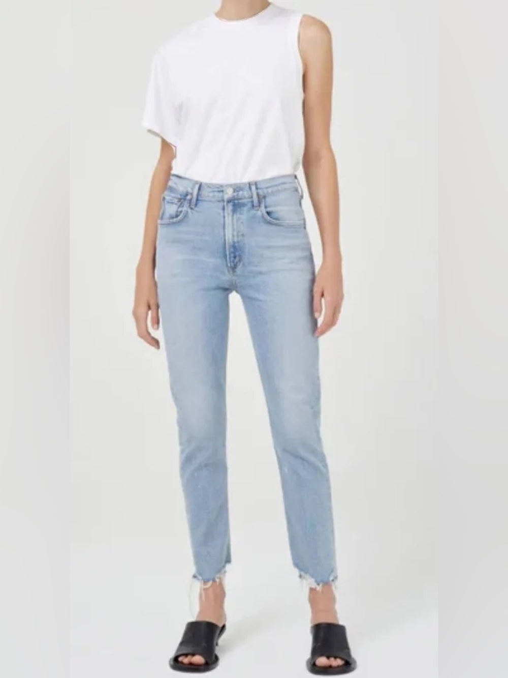 AGOLDE Merrel Light Wash Mid-Rise Straight Blue Denim Jeans Astray Raw Hem Sz 28